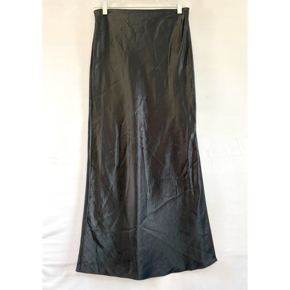 Theory Retha Nana Black Satin Slip Maxi Skirt Side Slit Size P E074601R